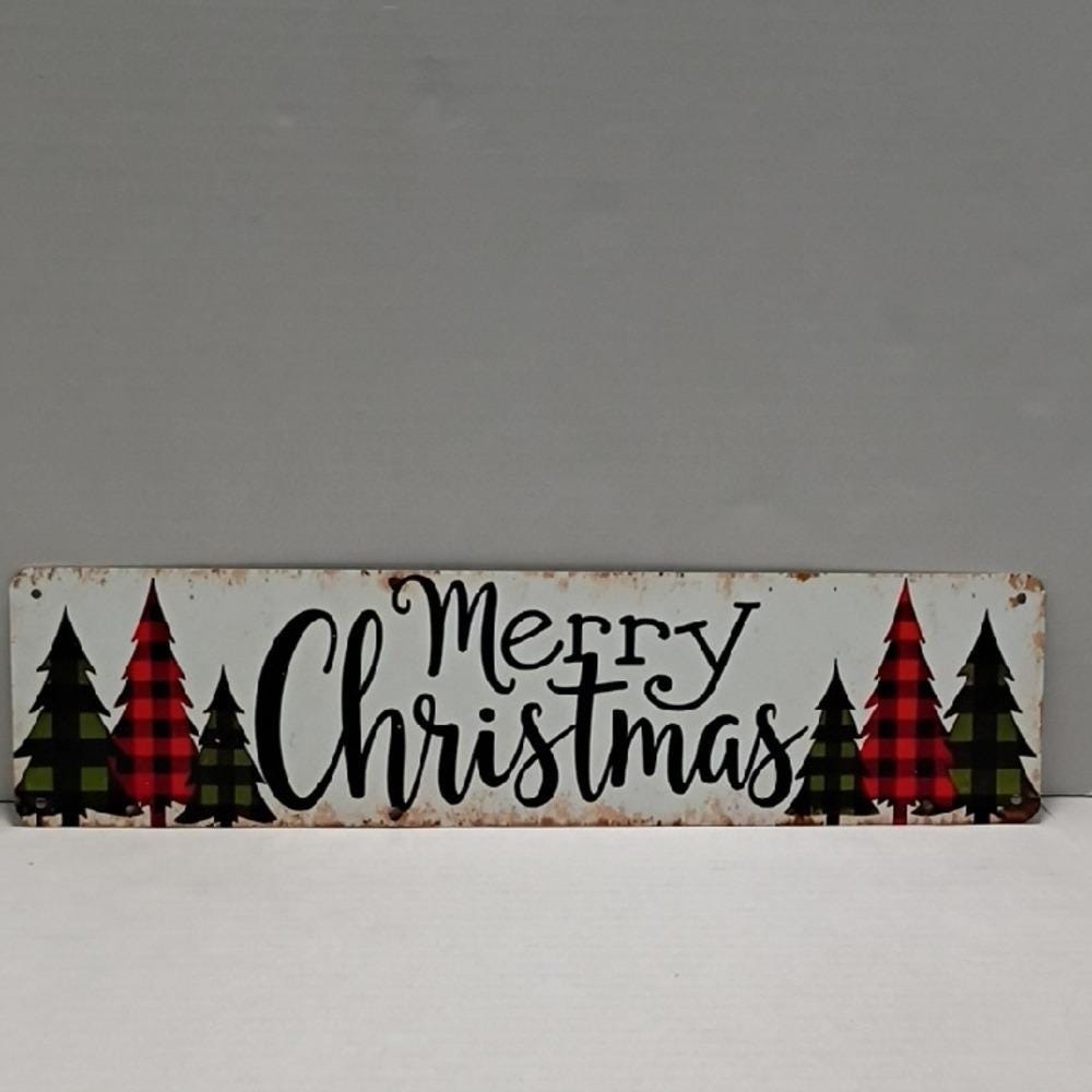 Festive Metal Merry Christmas Wall / Wreath Sign with Red and Green Plaid Trees